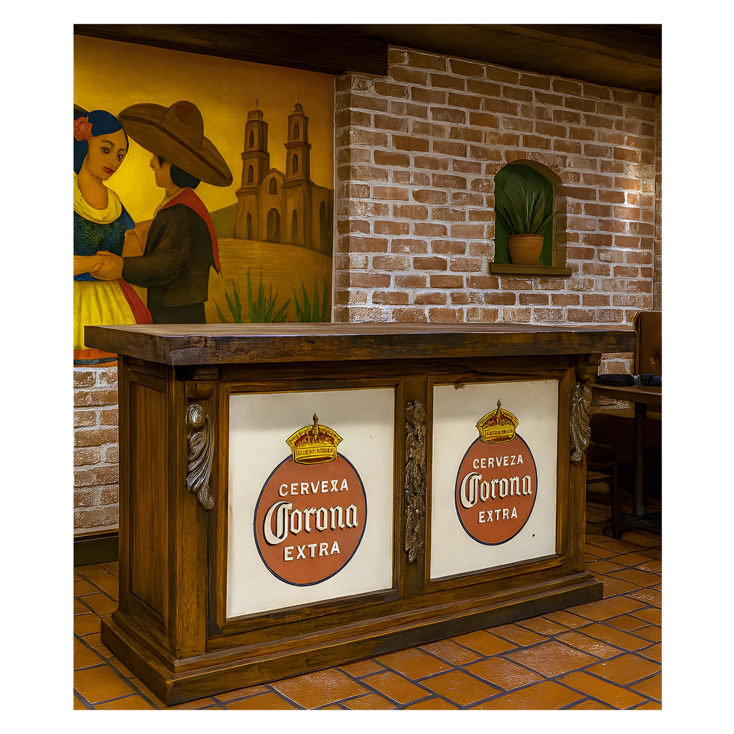 Rustic Home Bar with Vintage Corona Cerveza Panels & Distressed Wood Finish