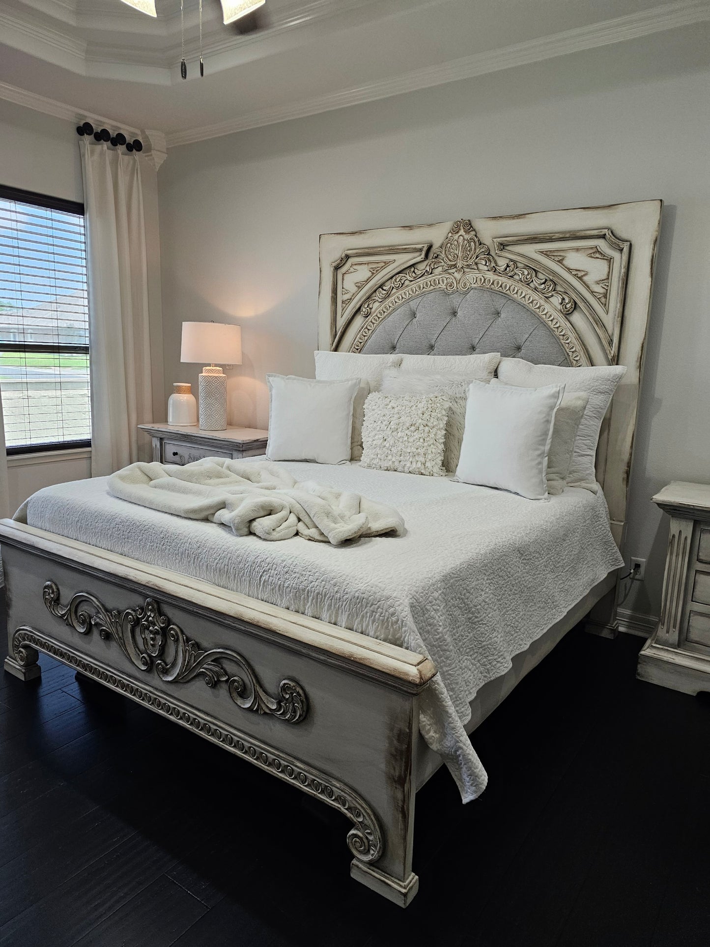 FRANCESCA KING BED 87" Tall | Carved Headboard with Tufted White Fabric | Rustic Distressed Finish | Waxed Off-White Wood | Bed Only | Includes Delivery and Assembly