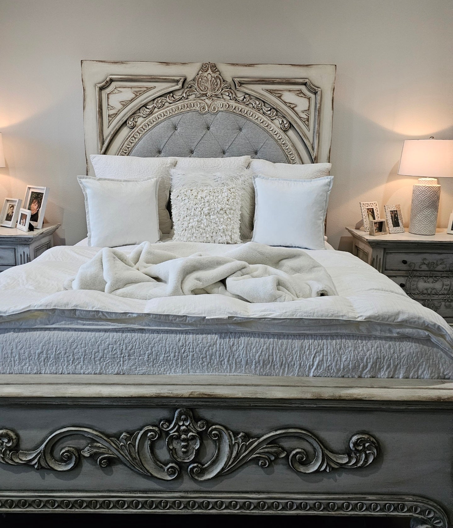 FRANCESCA KING BED 87" Tall | Carved Headboard with Tufted White Fabric | Rustic Distressed Finish | Waxed Off-White Wood | Bed Only | Includes Delivery and Assembly