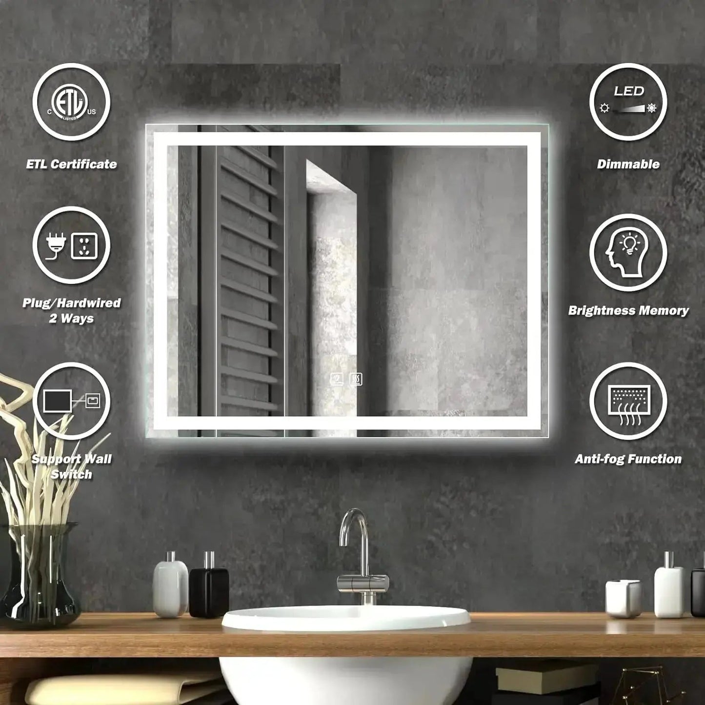 Center Glow LED Bathroom Mirror - 20 x 28 - Adjustable Brightness and Color Temperature - Anti-Fog