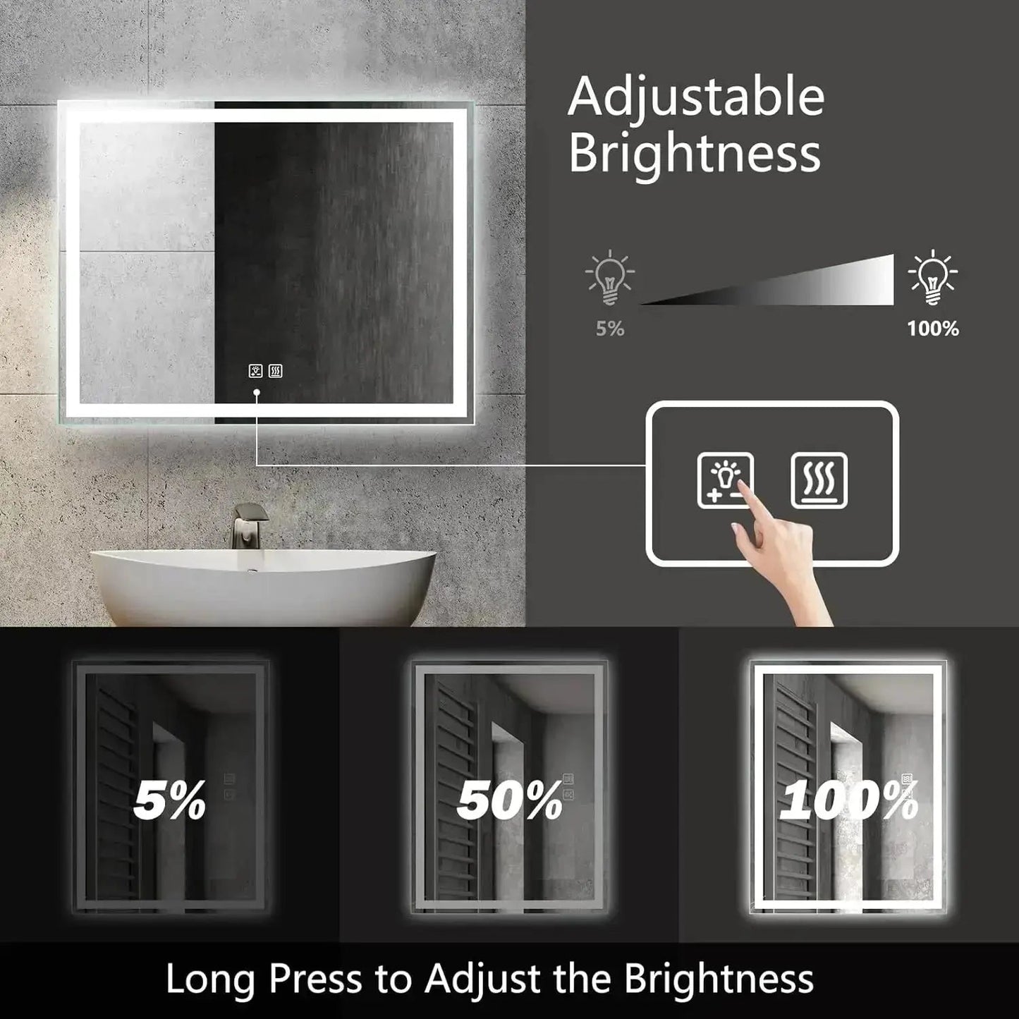 Center Glow LED Bathroom Mirror - 20 x 28 - Adjustable Brightness and Color Temperature - Anti-Fog