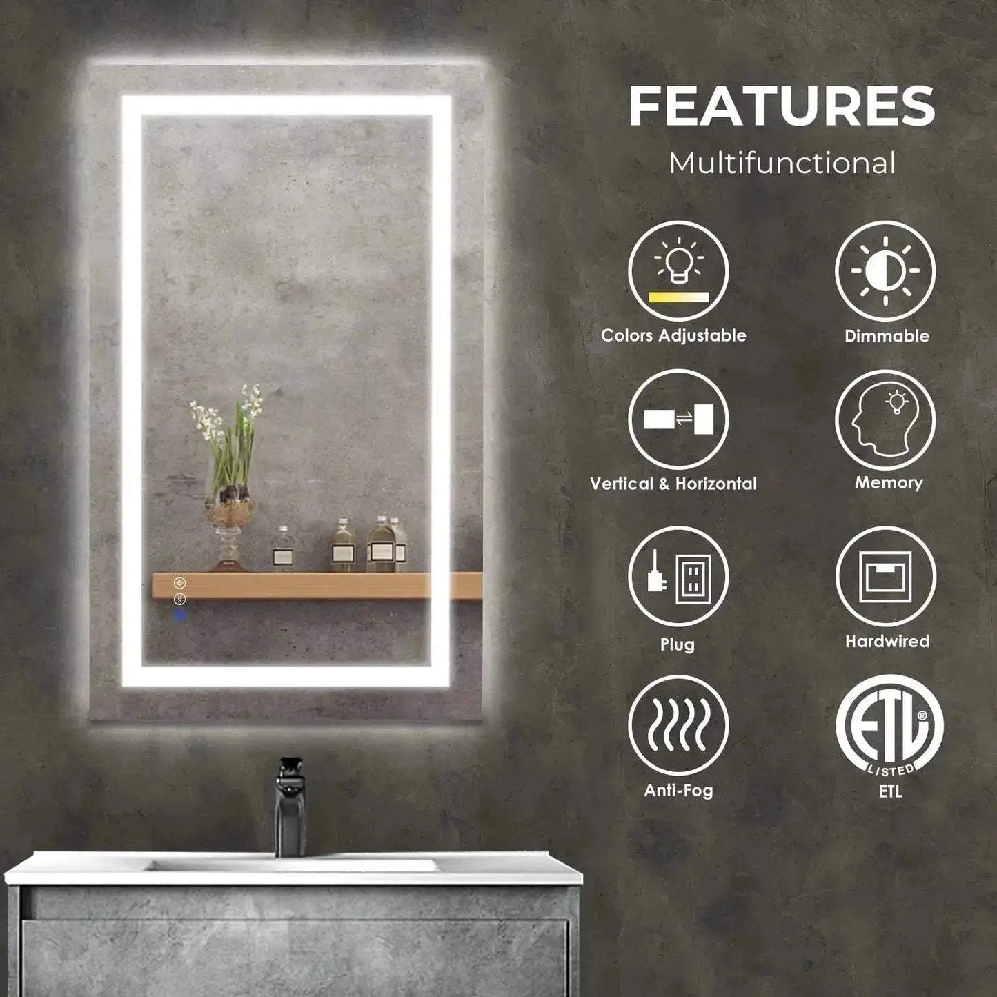 Center Glow LED Bathroom Mirror - Rectangle (20-40 in) - Adjustable Brightness and Color Temperature - Anti-Fog