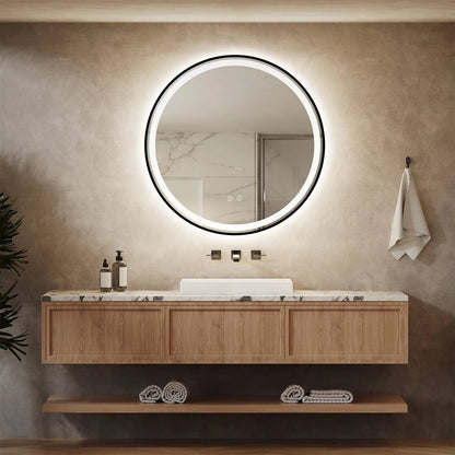 Framed Round LED Bathroom Vanity Mirror - Adjustable Brightness and Color Temperature - Anti-Fog
