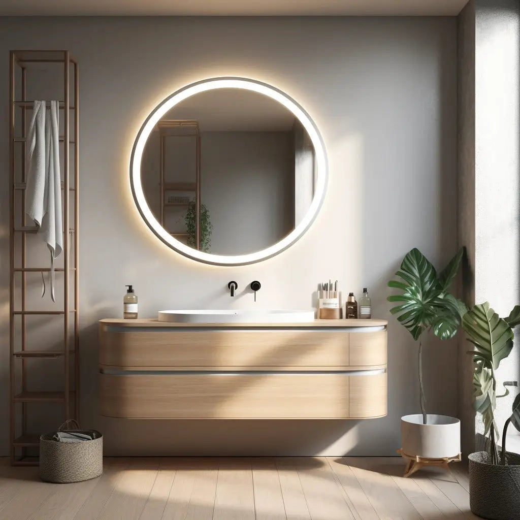 Framed Round LED Bathroom Vanity Mirror - Adjustable Brightness and Color Temperature - Anti-Fog