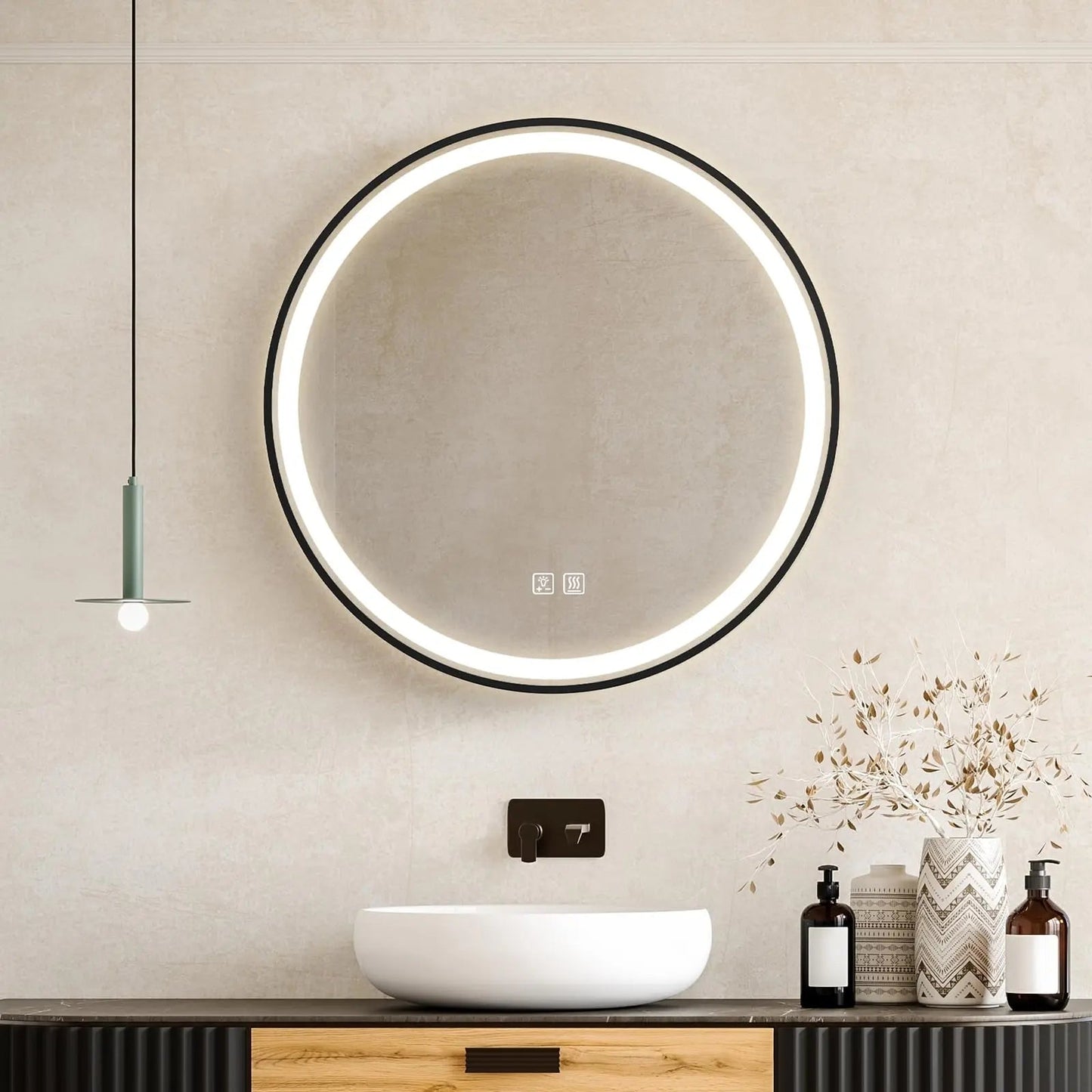 Framed Round LED Bathroom Vanity Mirror - Adjustable Brightness and Color Temperature - Anti-Fog