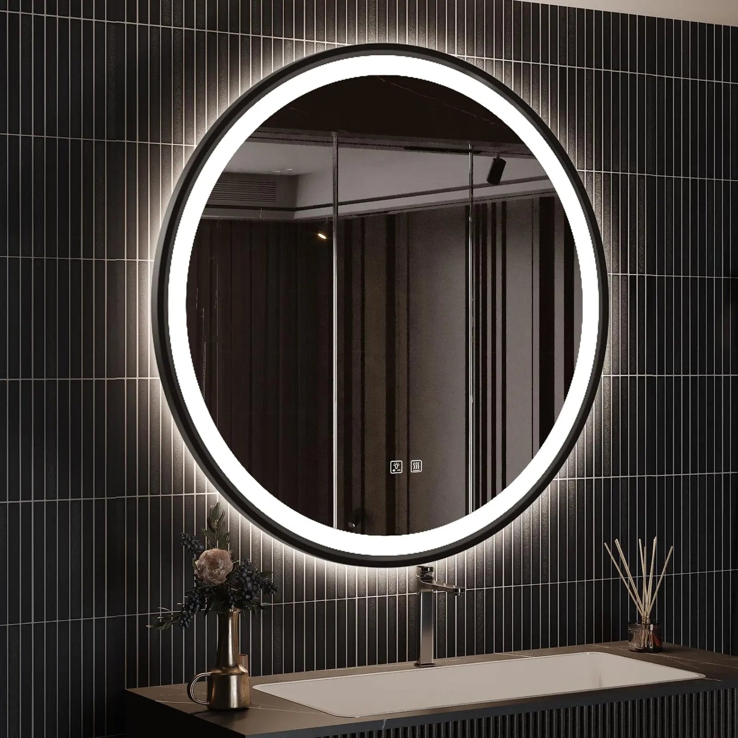 Framed Round LED Bathroom Vanity Mirror - Adjustable Brightness and Color Temperature - Anti-Fog
