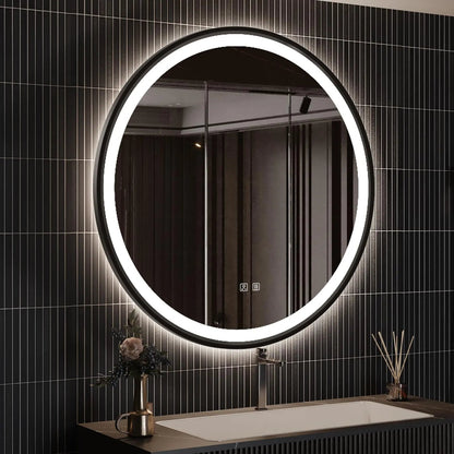 Framed Round LED Bathroom Vanity Mirror - Adjustable Brightness and Color Temperature - Anti-Fog