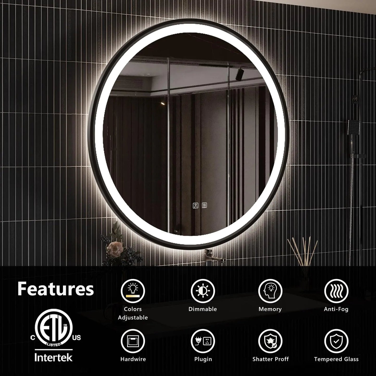 Framed Round LED Bathroom Vanity Mirror - Adjustable Brightness and Color Temperature - Anti-Fog