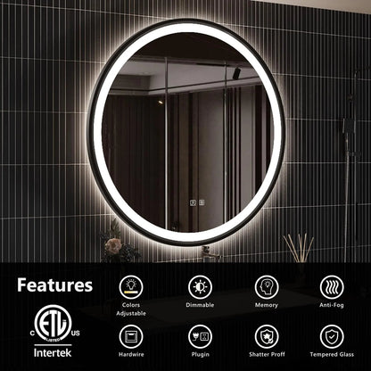 Framed Round LED Bathroom Vanity Mirror - Adjustable Brightness and Color Temperature - Anti-Fog