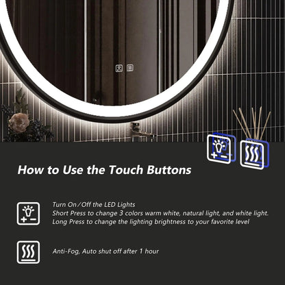 Framed Round LED Bathroom Vanity Mirror - Adjustable Brightness and Color Temperature - Anti-Fog
