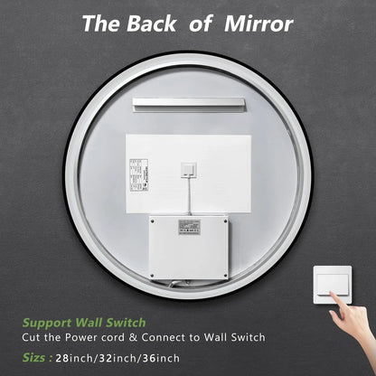 Framed Round LED Bathroom Vanity Mirror - Adjustable Brightness and Color Temperature - Anti-Fog