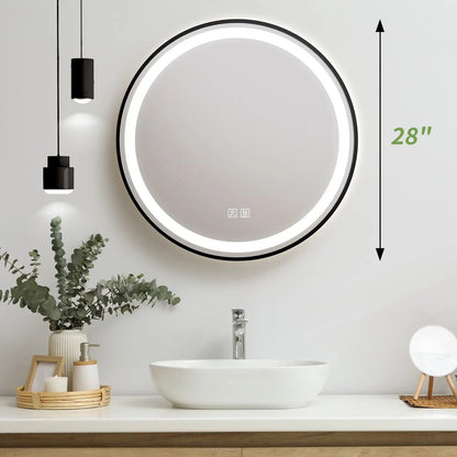 Framed Round LED Bathroom Vanity Mirror - Adjustable Brightness and Color Temperature - Anti-Fog