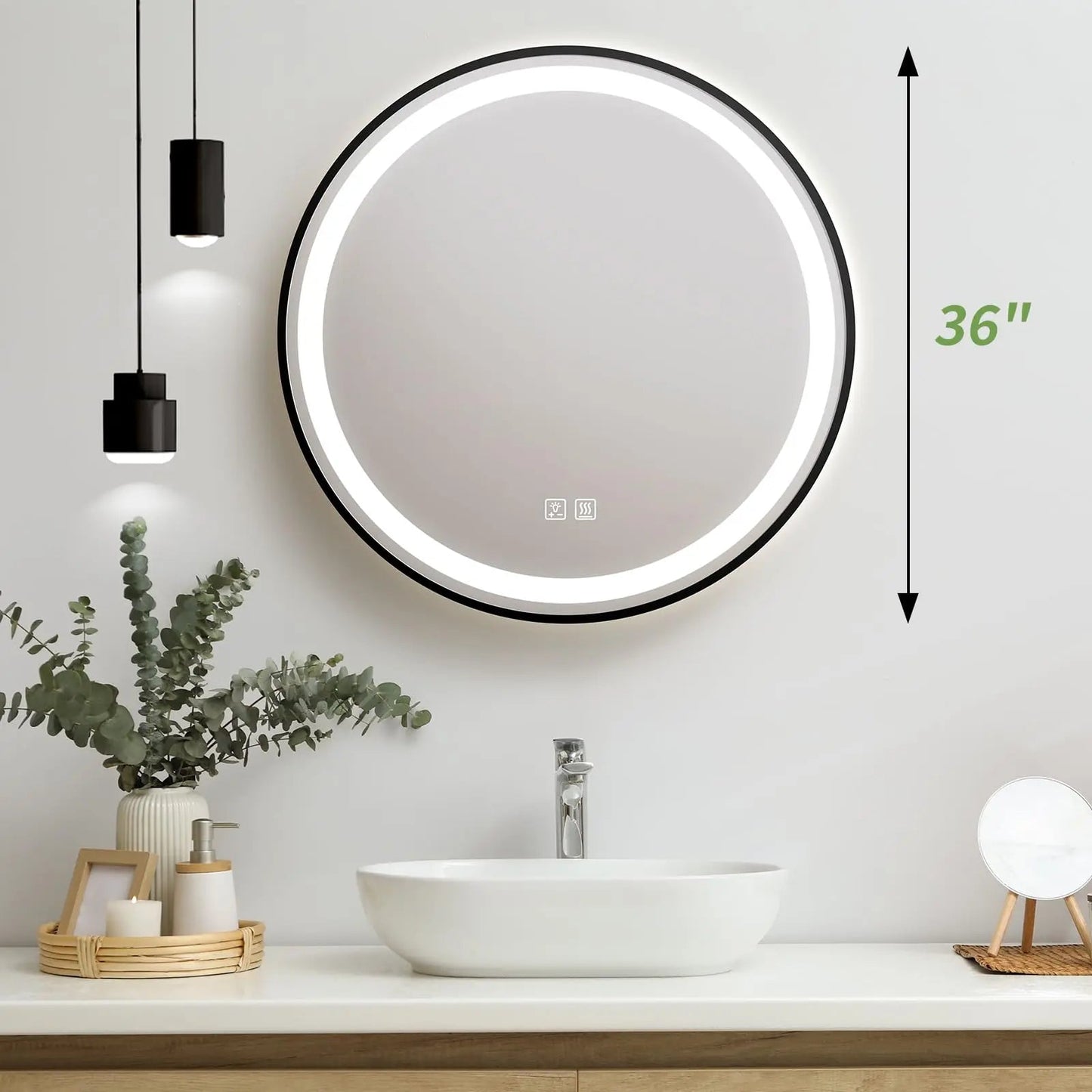 Framed Round LED Bathroom Vanity Mirror - Adjustable Brightness and Color Temperature - Anti-Fog