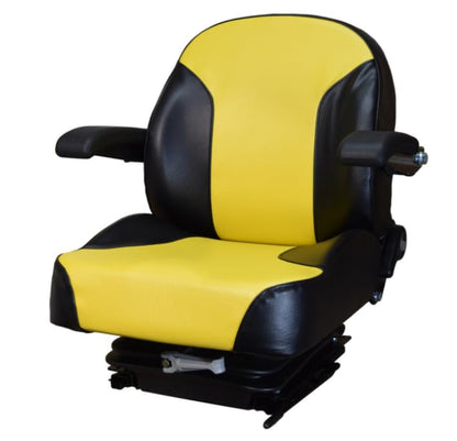 Suspension Seat for Zero Turn Mowers with Armrests; Yellow; Skid Steer Replacement Seat; Compatible with Ariens, Bad Boy, Bobcat, Case, Caterpillar, Hustler, New Holland, SCAG, etc; SU-201111BKYE