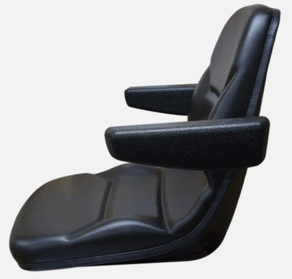 Lawn Mower Seat w/ Armrests; Replacement Seat for Tractors, Fork Lifts, Skid Steers, UTV's, etc.; Compatible with AGCO, Cub Cadet, Walker; Drilling May Be Required; Black Vinyl; 108000BK-AR