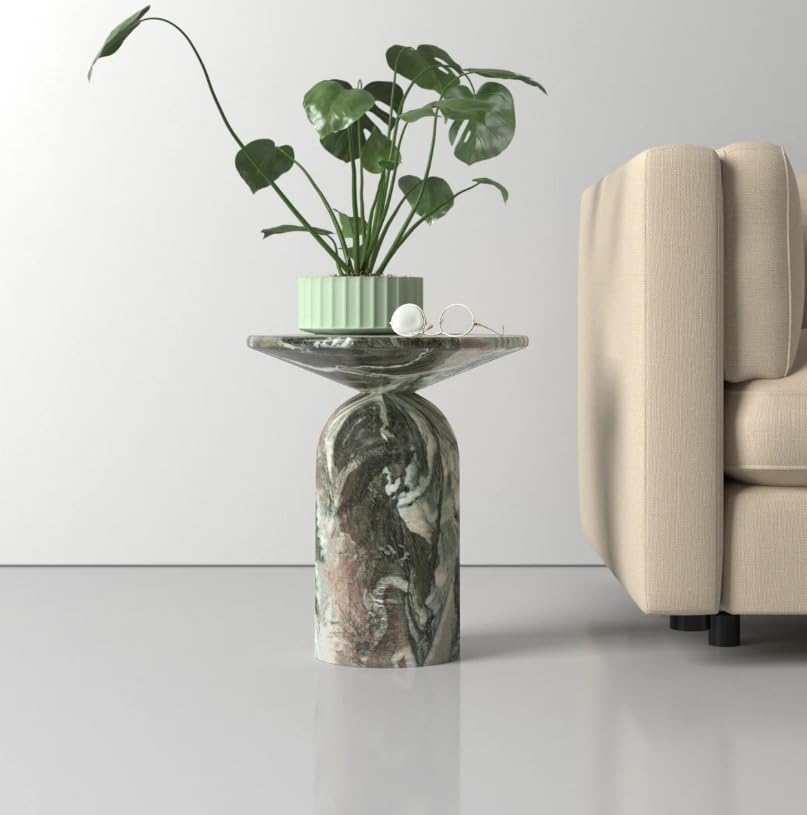 Modern End Table – Reinforced Resin with Faux Marble Finish – Round Side Table - Weatherproof | 19'' H X 17.5'' W X 17.5'' D