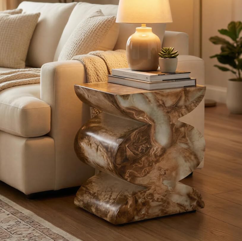 Modern Faux Marble End Table in Onyx Brown Side Table for Indoor and Outdoor | Weatherproof | 18.1'' H x 15.0'' W x 15.0'' D | White, Cream, Brown, Tan, Beige