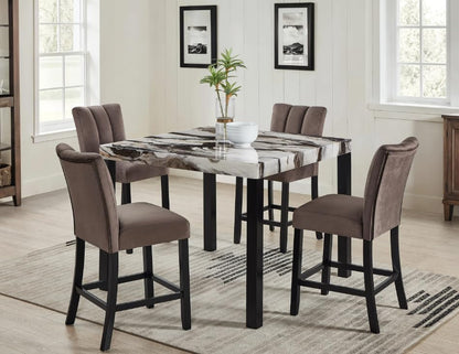 Chic Faux Marble Counter Height Table and 4 Upholstered Chairs | 5-Piece Set | Black, White, Cream, Brown, Beige, Tan