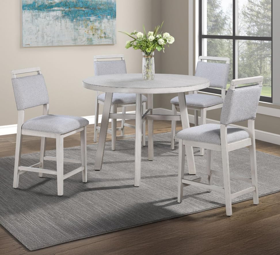 Round Counter Height Table and 4 Chairs | 5-Piece Set | White & Soft Gray