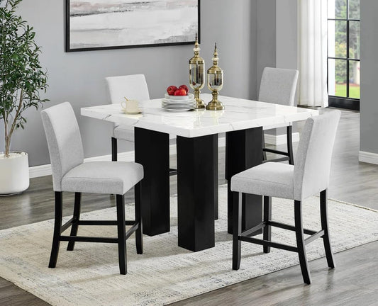 Square Counter Height Chic Faux Marble Table and 4 Chairs | 5-Piece Set | White, Gray, Silver, Black