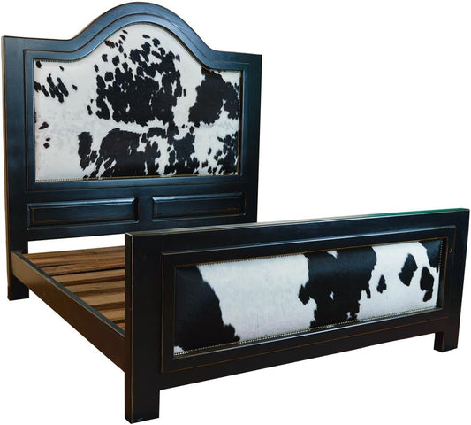 Pioneer Trail Bed with Black & White Genuine Cowhide Inlays in the Footboard and Tall Headboard | Handcrafted | Bed Only | Delivery & Assembly are Included