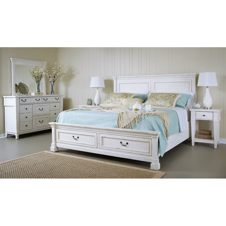 Stoney Creek Complete Platform King Bed with Storage; Antique White; includes: Headboard, Footboard, Rails