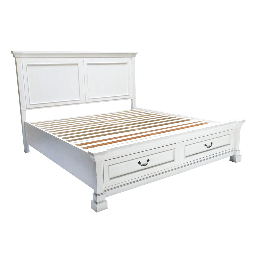 Stoney Creek Complete Platform King Bed with Storage; Antique White; includes: Headboard, Footboard, Rails