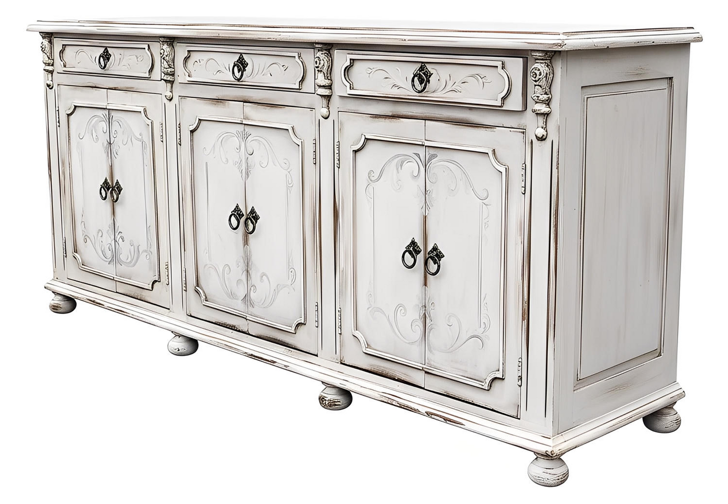 Chambord Ivory Distressed Dining Room Buffet Table 13 x 90 x 41, European Vintage Charm