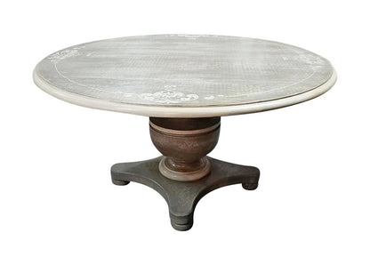 Châtillon-sur-Seine Dining Table - Round, Weathered Gray, Hand Painted Floral Edge