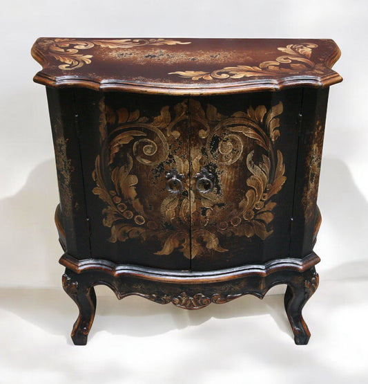 Martel Chest, Black, Hand-Painted Gold Floral Motif, Vintage Distressed Finish, Curved Base, Ornate Metal Handles
