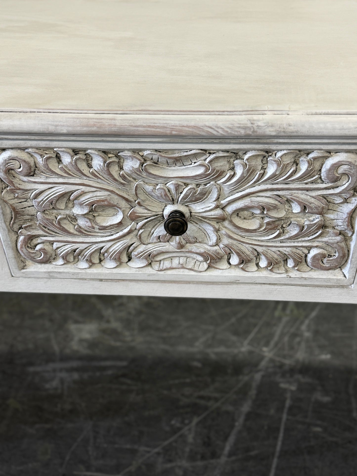 Saint-Léon Console Table, Whitewashed Distressed Finish, Three Ornate Carved Drawers