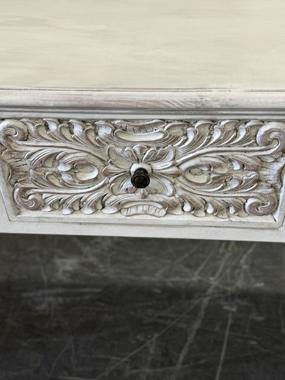 Saint-Léon Console Table, Whitewashed Distressed Finish, Three Ornate Carved Drawers