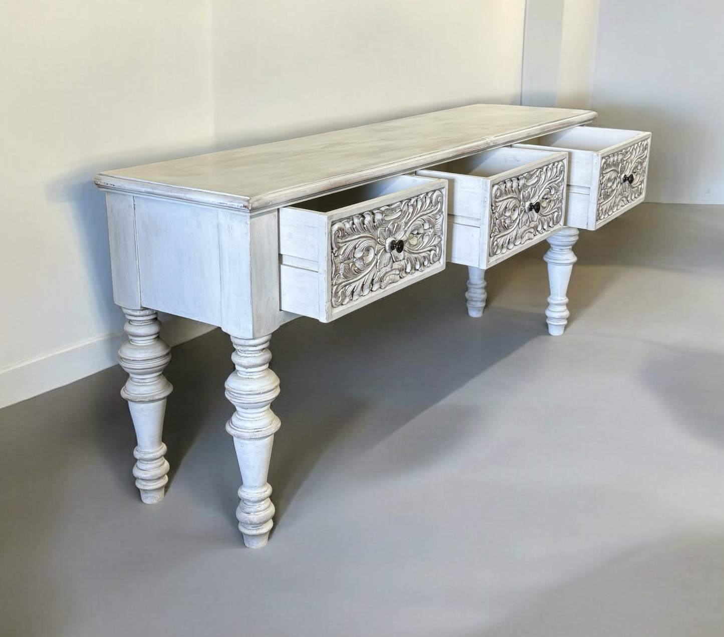 Saint-Léon Console Table, Whitewashed Distressed Finish, Three Ornate Carved Drawers