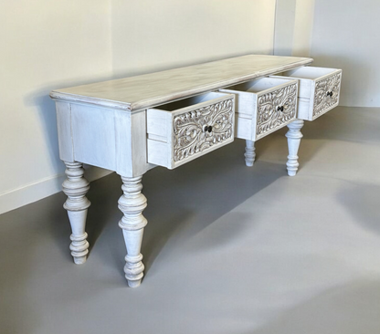 Saint-Léon Console Table, Whitewashed Distressed Finish, Three Ornate Carved Drawers