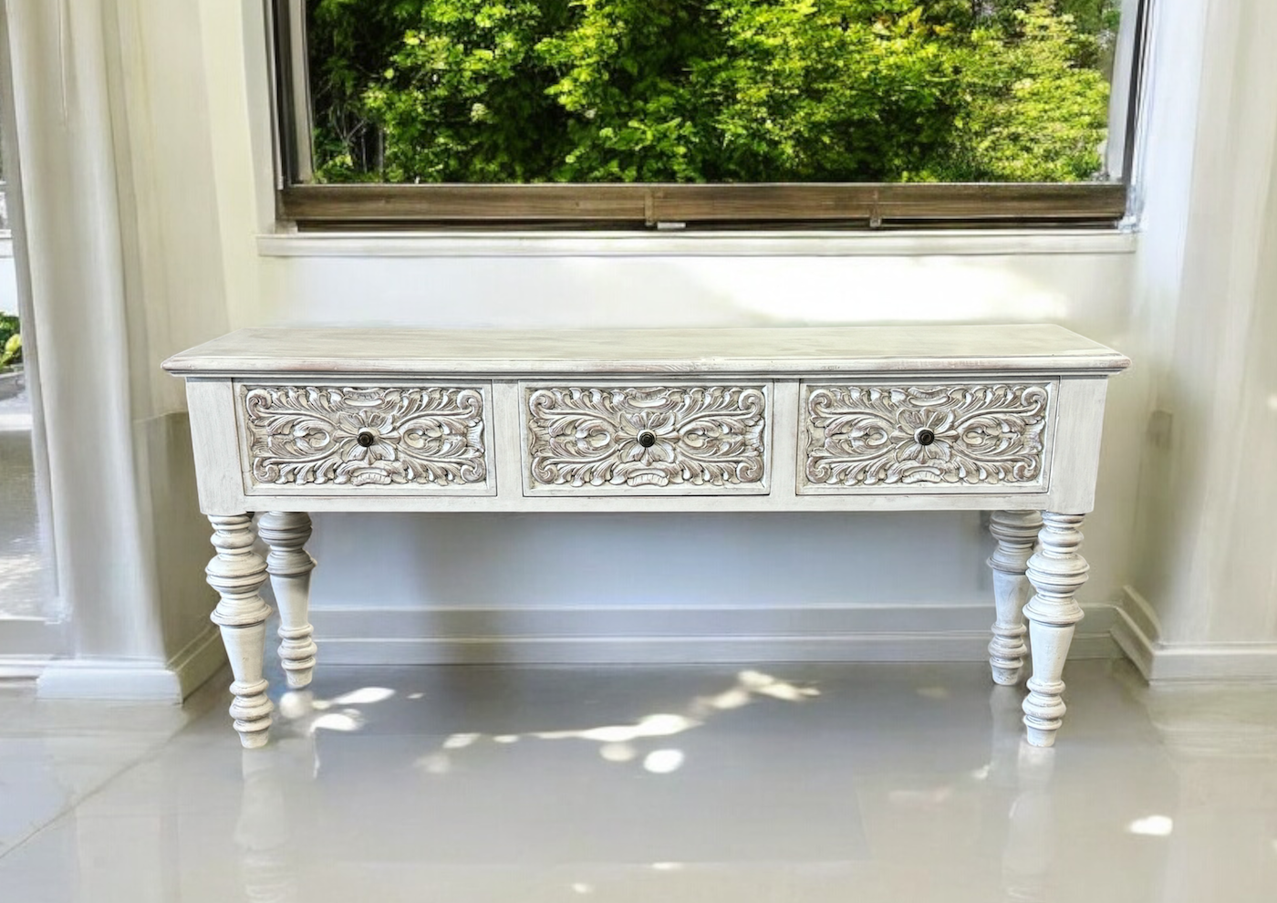 Saint-Léon Console Table, Whitewashed Distressed Finish, Three Ornate Carved Drawers