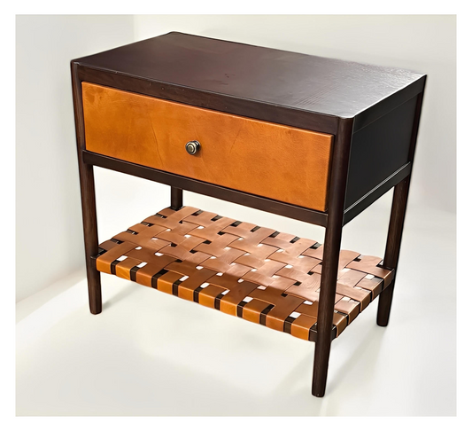 Maison Nightstands (2-Pack), Dark Espresso, Leather-Front Drawer With Woven Leather Lower Shelf