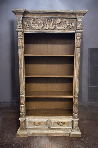 Chantilly Bookcase, Weathered Gray Finish, Ornate Carved Crest And Pillar Detailing, Two Drawers
