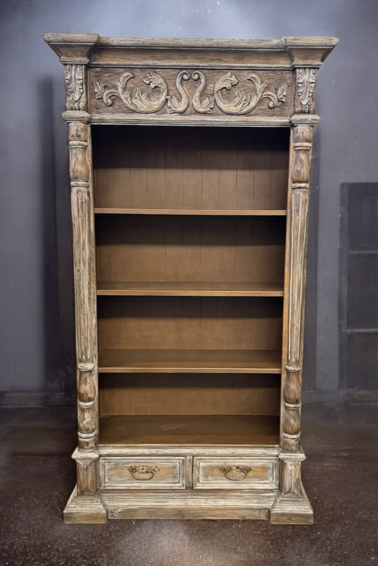 Chantilly Bookcase, Weathered Gray Finish, Ornate Carved Crest And Pillar Detailing, Two Drawers