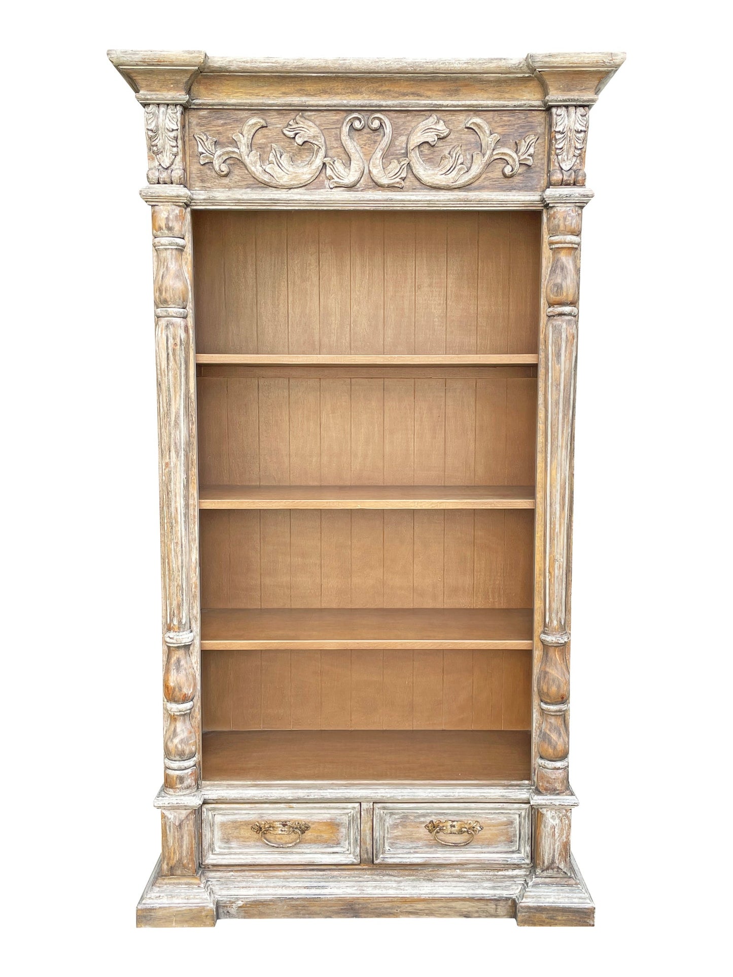 Chantilly Bookcase, Weathered Gray Finish, Ornate Carved Crest And Pillar Detailing, Two Drawers