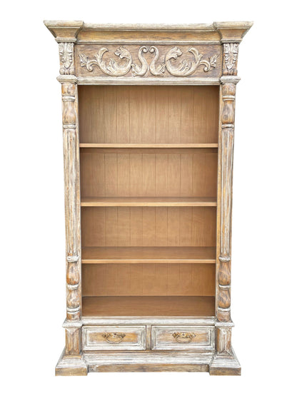 Chantilly Bookcase, Weathered Gray Finish, Ornate Carved Crest And Pillar Detailing, Two Drawers