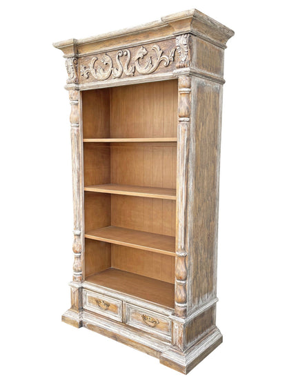 Chantilly Bookcase, Weathered Gray Finish, Ornate Carved Crest And Pillar Detailing, Two Drawers
