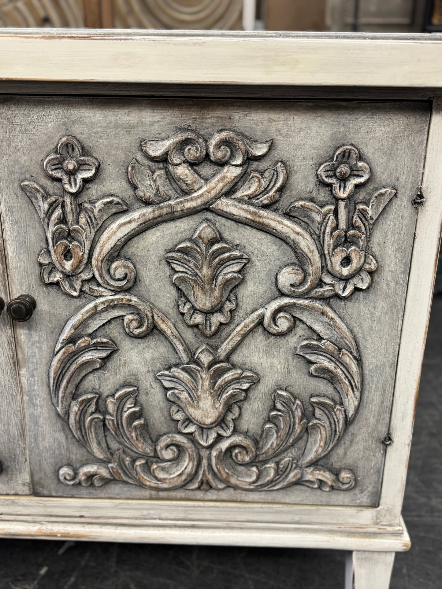 Dole Buffet Table, Distressed White And Gray, Ornate Hand Carved Front Panels With Cabinet Doors