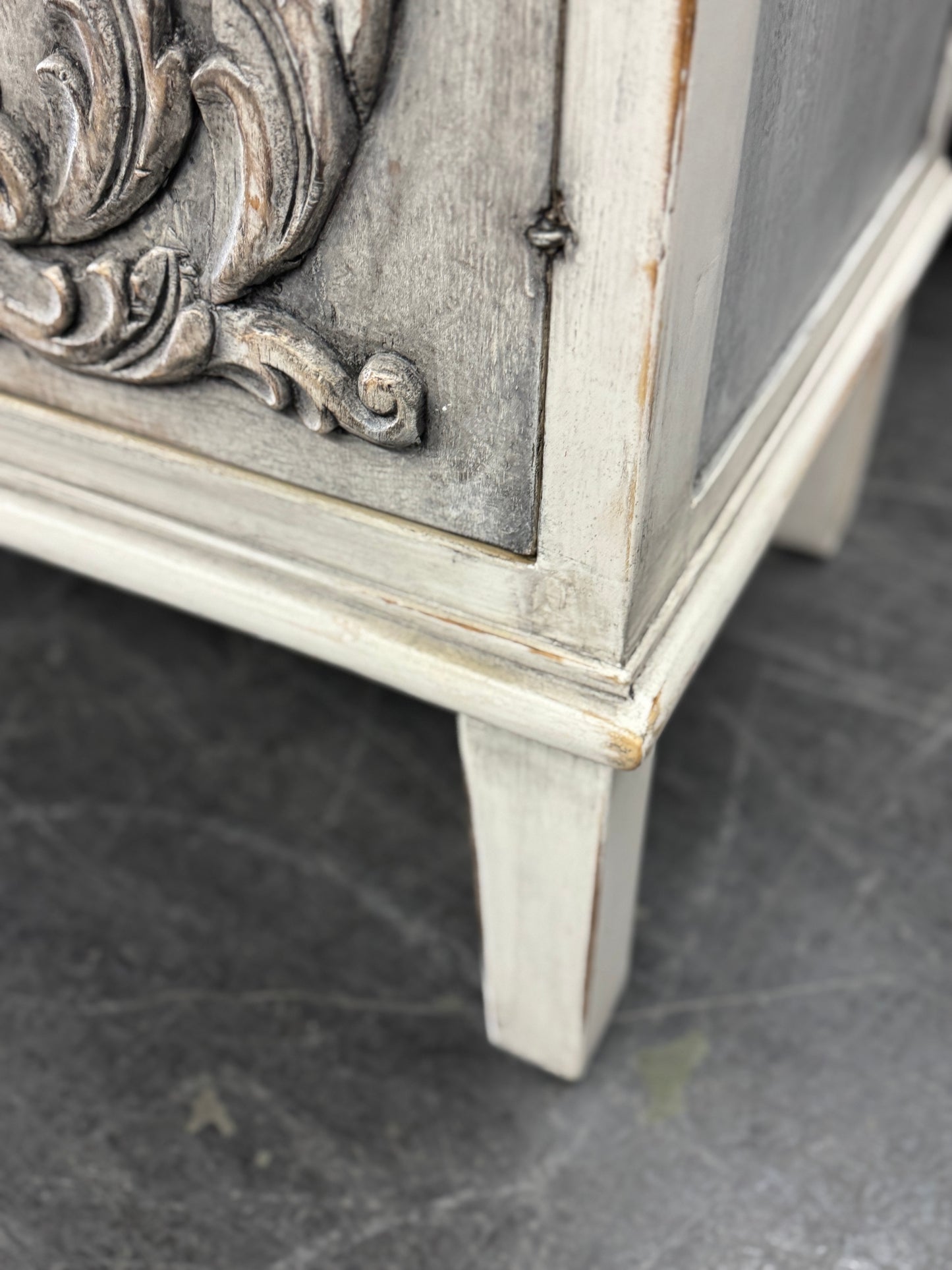 Dole Buffet Table, Distressed White And Gray, Ornate Hand Carved Front Panels With Cabinet Doors