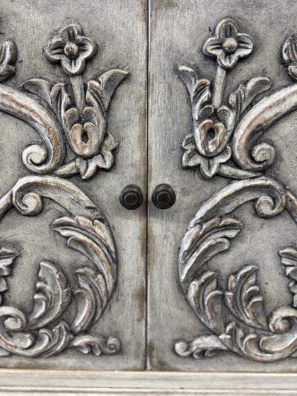 Dole Buffet Table, Distressed White And Gray, Ornate Hand Carved Front Panels With Cabinet Doors