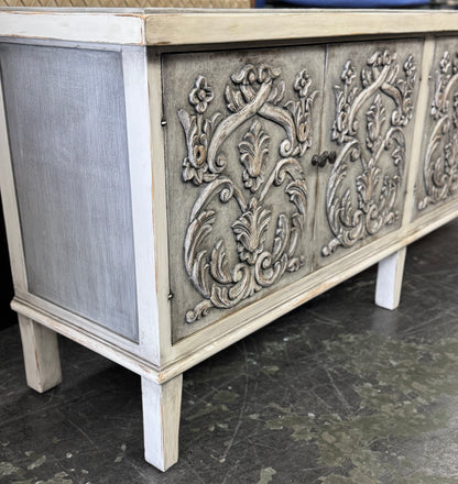 Dole Buffet Table, Distressed White And Gray, Ornate Hand Carved Front Panels With Cabinet Doors