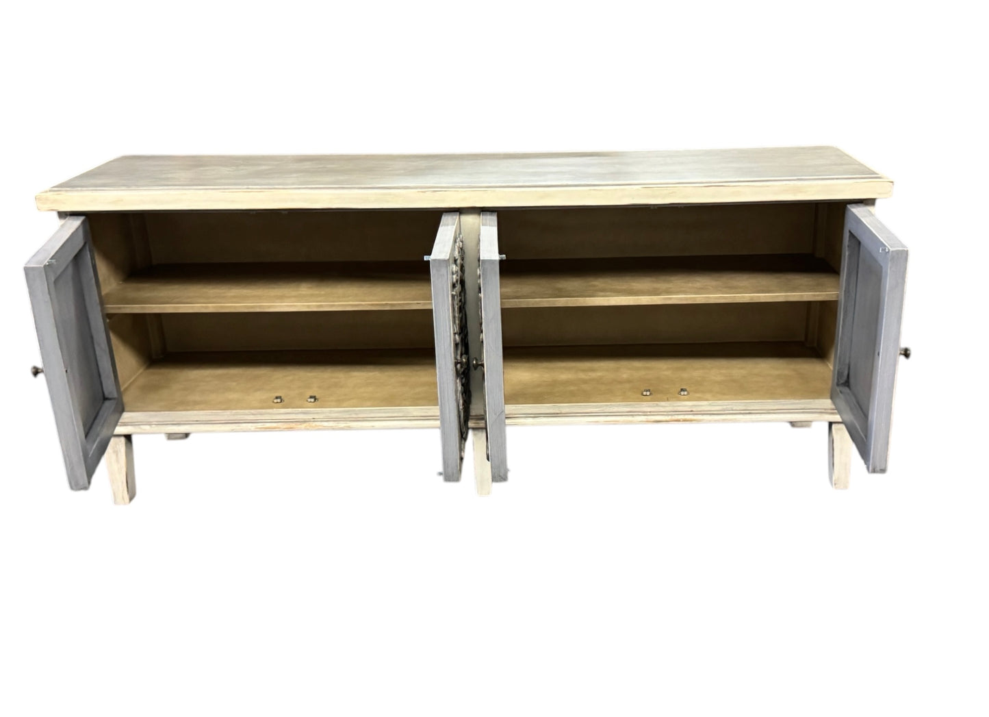 Dole Buffet Table, Distressed White And Gray, Ornate Hand Carved Front Panels With Cabinet Doors