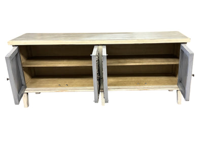 Dole Buffet Table, Distressed White And Gray, Ornate Hand Carved Front Panels With Cabinet Doors