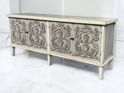 Dole Buffet Table, Distressed White And Gray, Ornate Hand Carved Front Panels With Cabinet Doors