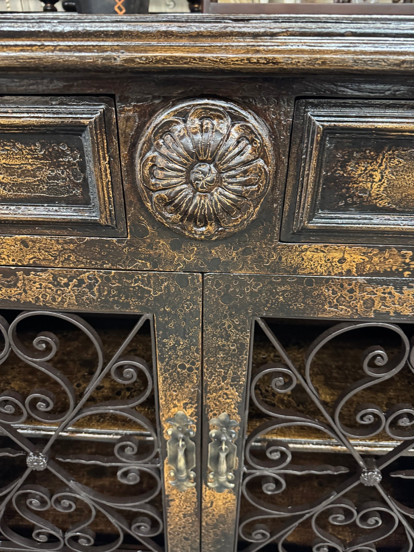 Eymet Chest, Antique Black With Gold Finish, Ornate Rosette Medallion And Wrought Iron Scrollwork