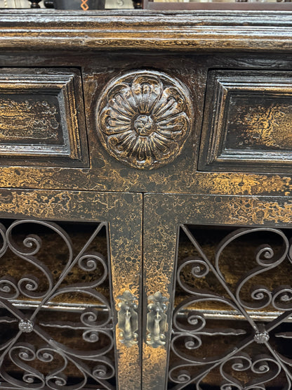 Eymet Chest, Antique Black With Gold Finish, Ornate Rosette Medallion And Wrought Iron Scrollwork